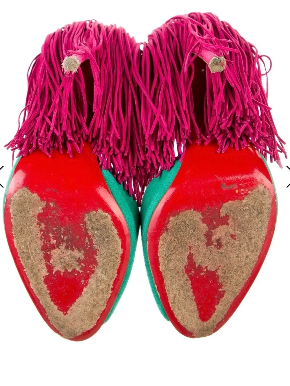 Authentic Christian Louboutin Color Block Fringe Suede Peep-Toe Heel